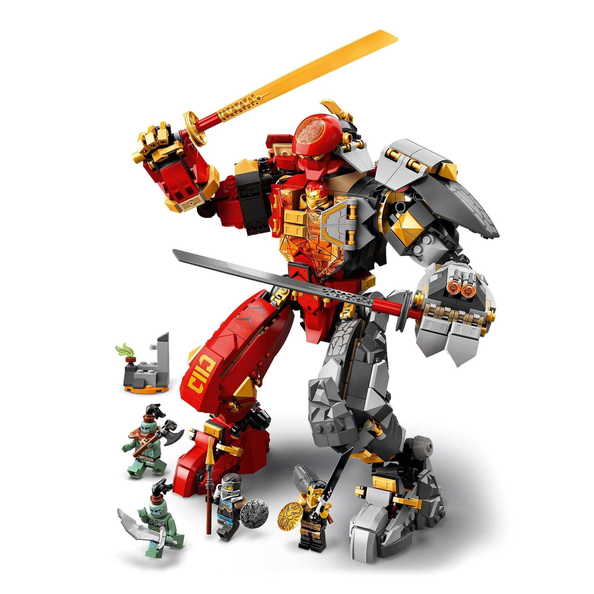 LEGO NINJAGO Fire Stone Ninja Mech 71720 with ninjas in battle stance, ready for action in the Dungeons of Shintaro.