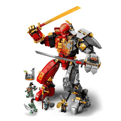 LEGO NINJAGO Fire Stone Ninja Mech 71720 with ninjas in battle stance, ready for action in the Dungeons of Shintaro.