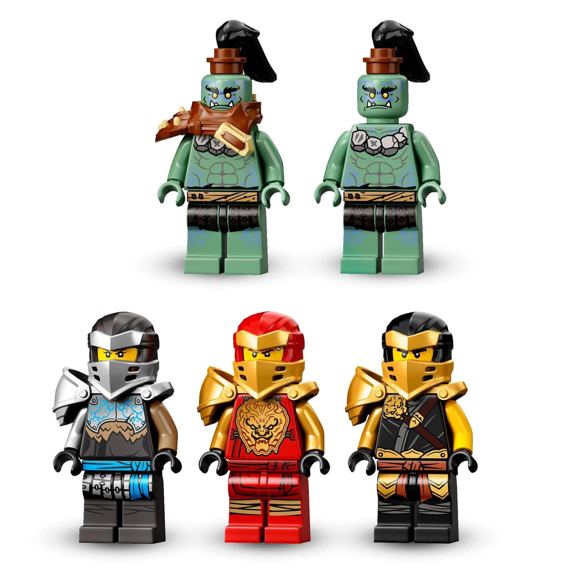 LEGO NINJAGO Fire Stone Ninja Mech toy figures, featuring four ninjas and two enemies ready for battle.