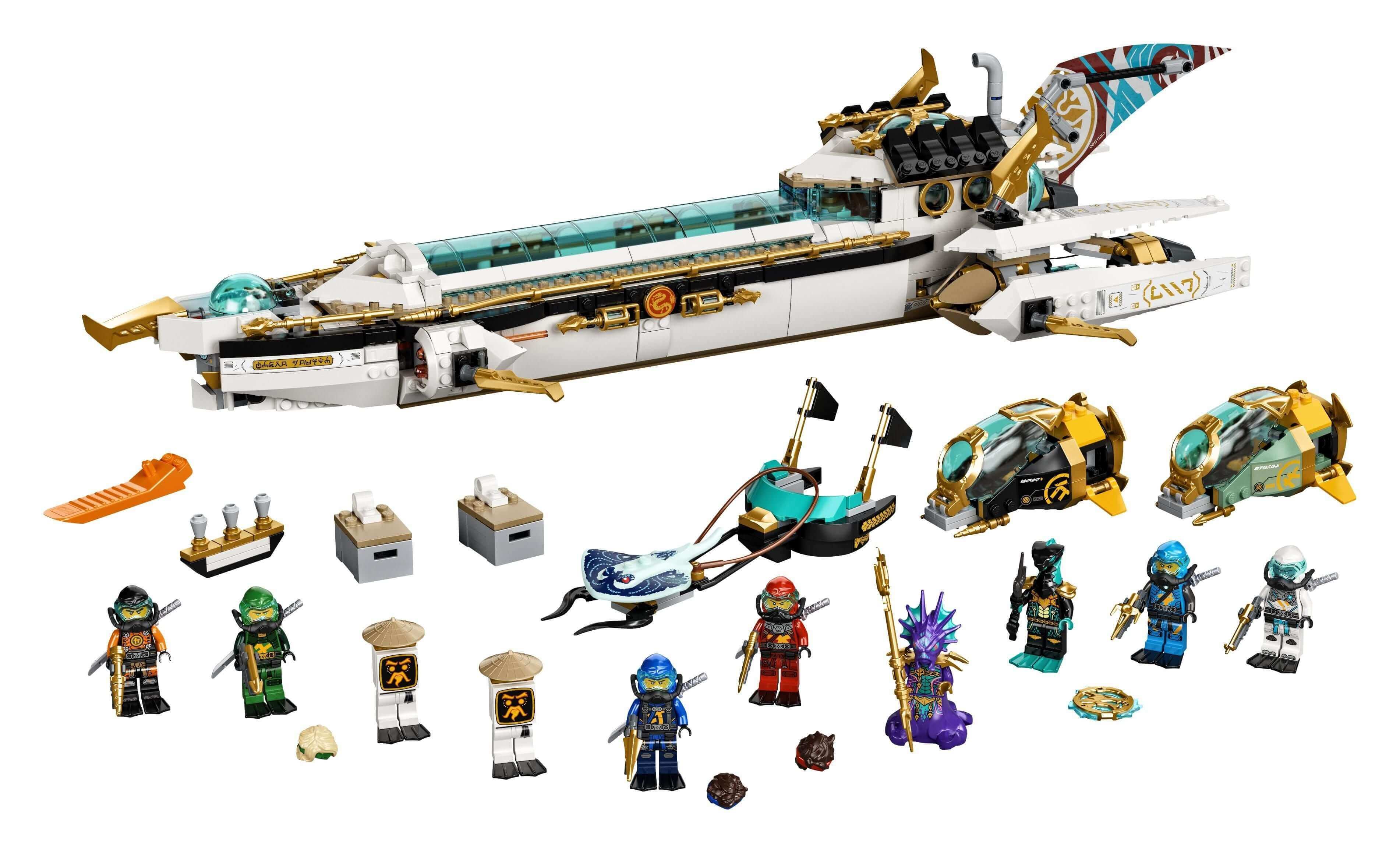 LEGO NINJAGO Hydro Bounty Submarine Set 71756 with 10 minifigures and accessories for thrilling underwater battles.