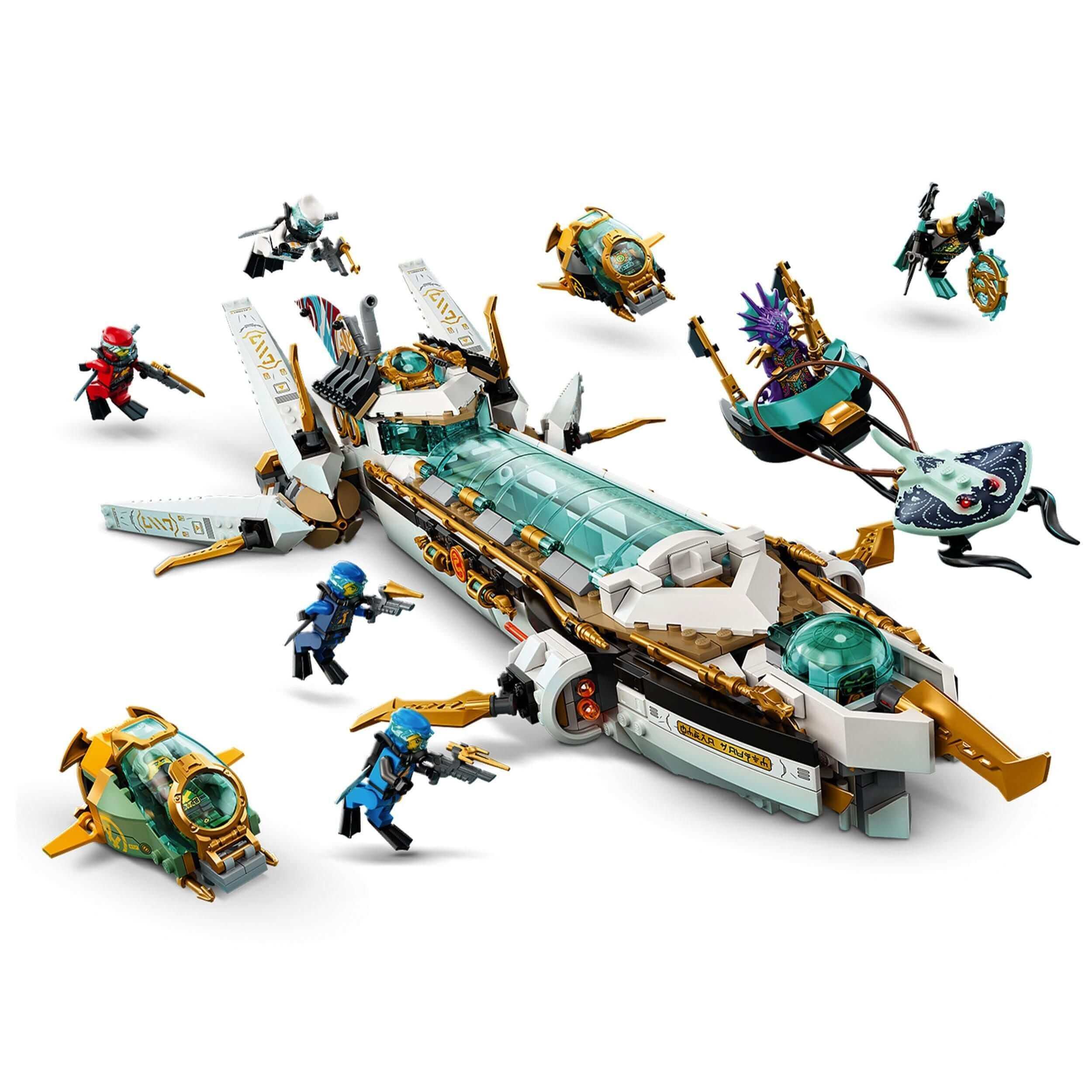 LEGO NINJAGO Hydro Bounty Submarine Set 71756 with 10 minifigures and underwater battle features.