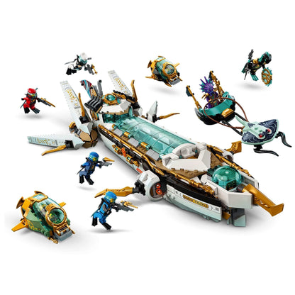 LEGO NINJAGO Hydro Bounty Submarine Set 71756 with 10 minifigures and underwater battle features.