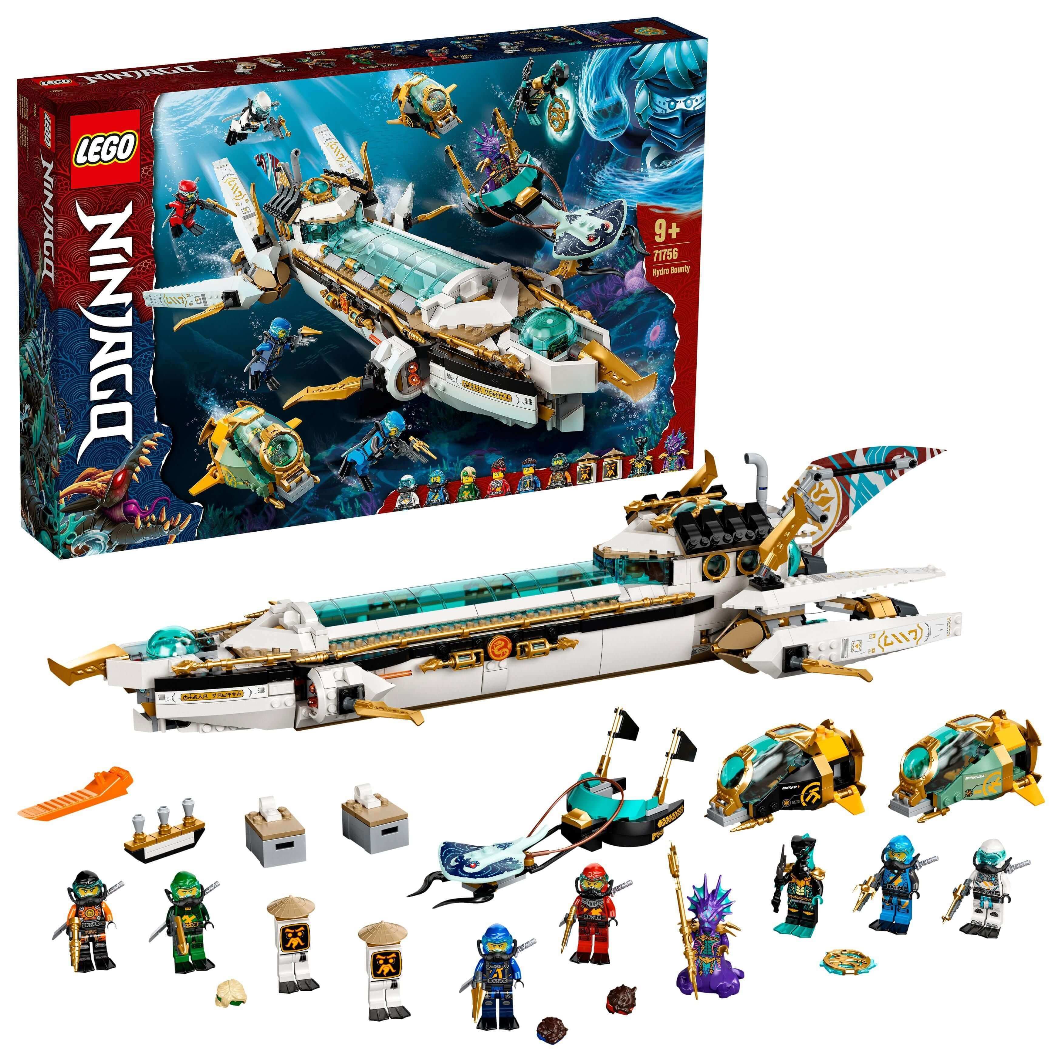 LEGO® NINJAGO Hydro Bounty Submarine Set 71756 with minifigures and accessories for underwater battles.
