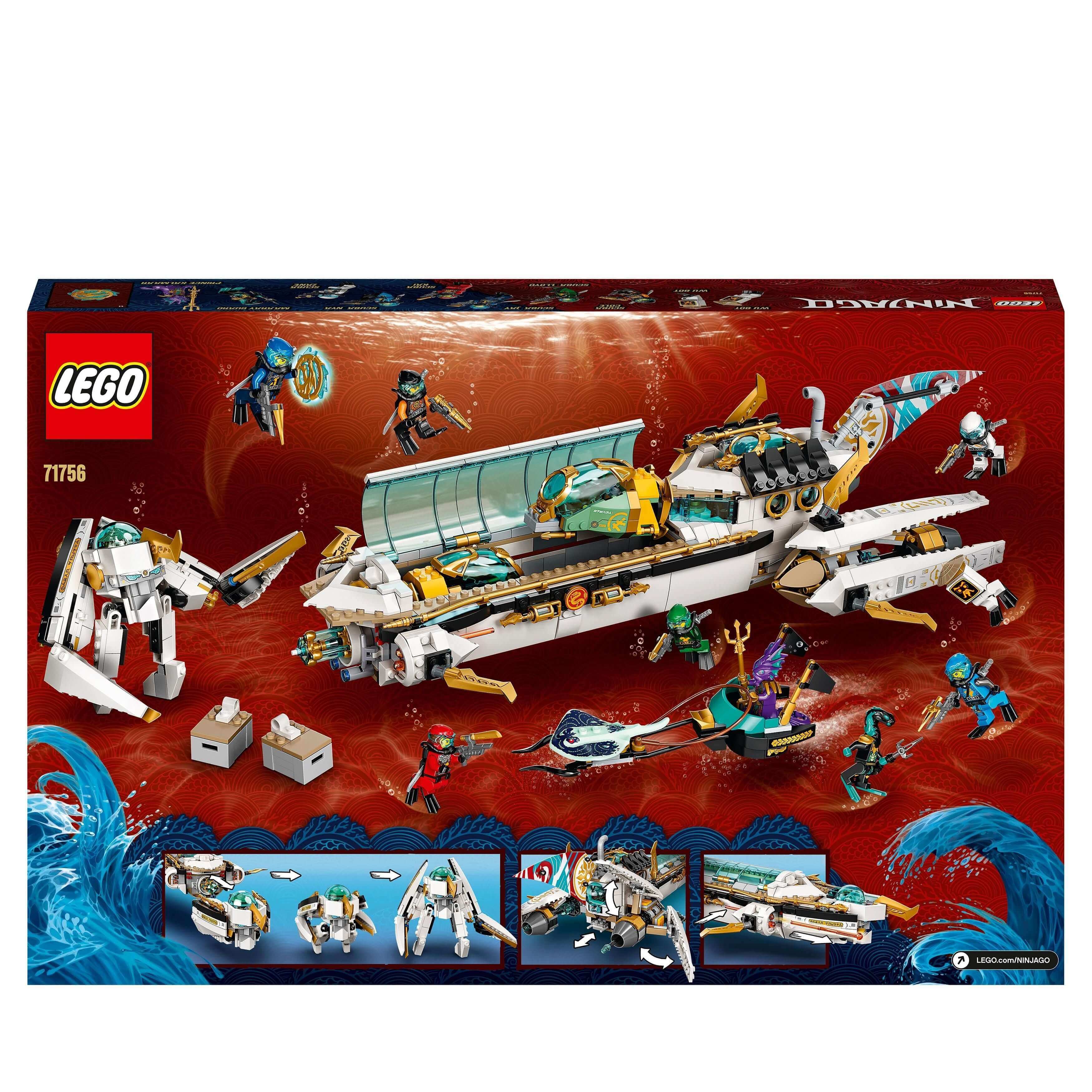 LEGO NINJAGO Hydro Bounty Submarine Set 71756 with 10 minifigures and underwater play features.