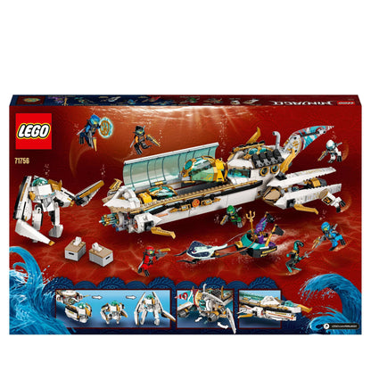 LEGO NINJAGO Hydro Bounty Submarine Set 71756 with 10 minifigures and underwater play features.