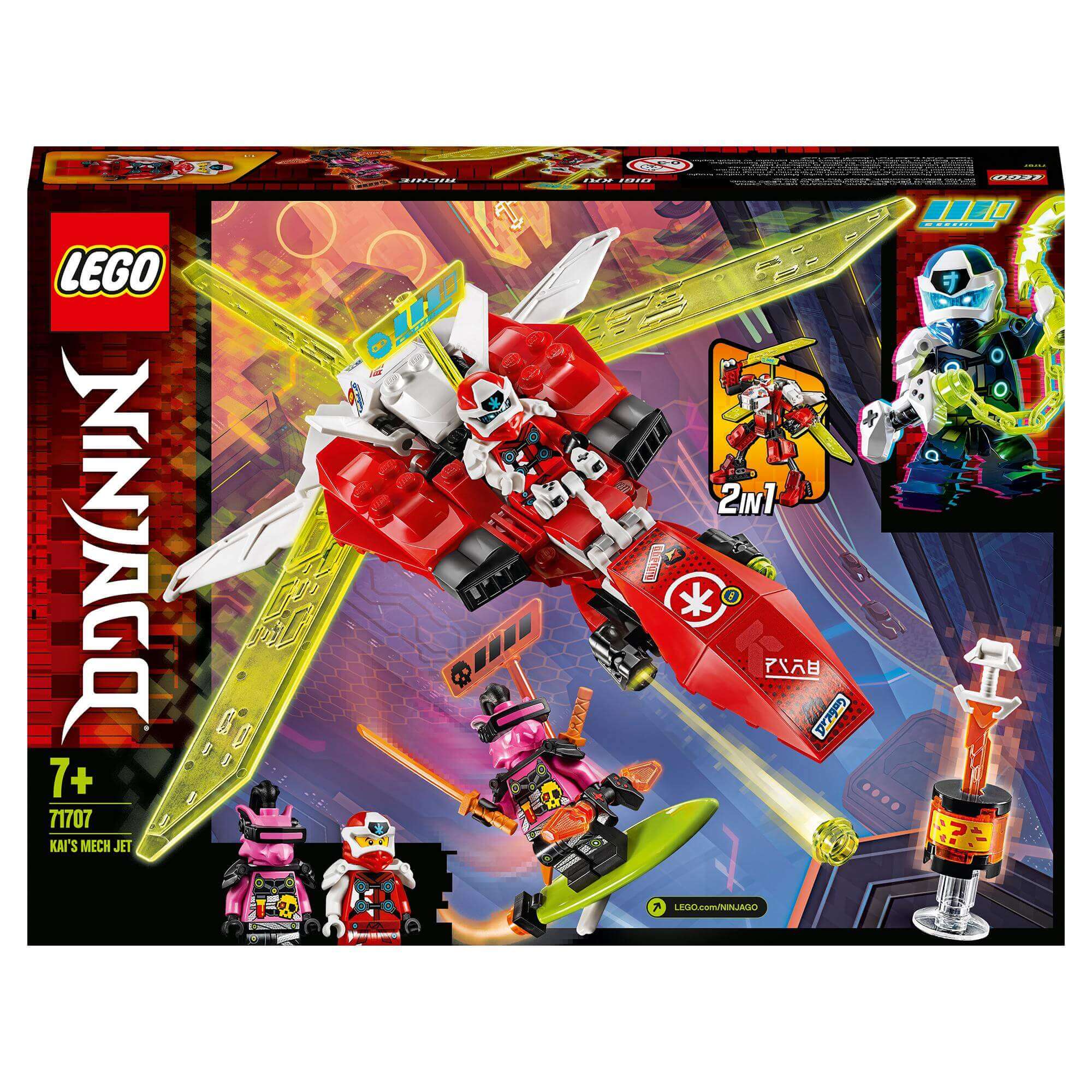 LEGO NINJAGO Kai's Mech Jet 2in1 Set 71707 featuring mech and jet builds for kids' racing battles.