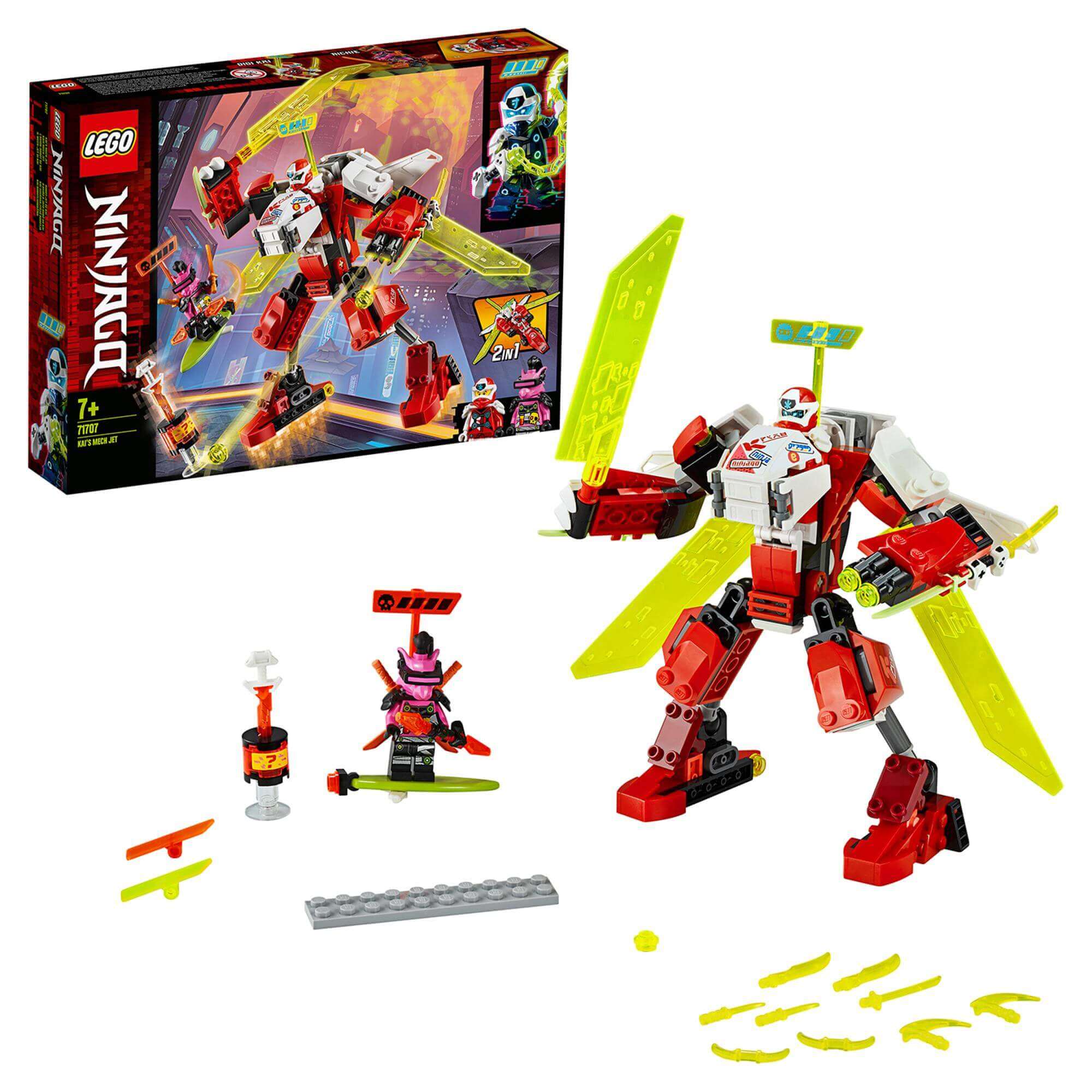 LEGO NINJAGO Kai's Mech Jet 2in1 Set 71707 with mech, minifigure, and accessories for epic battles.