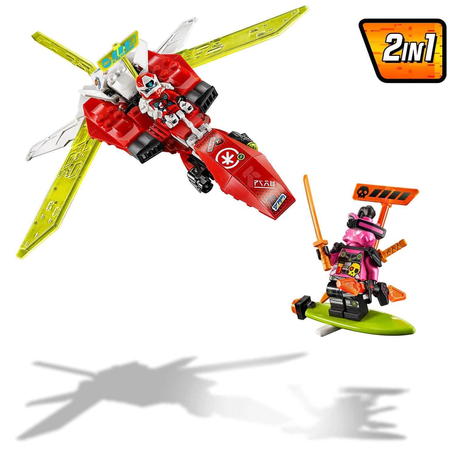 LEGO NINJAGO Kai's Mech Jet set 71707 with red jet and Digi Kai figure, showcasing 2-in-1 design for imaginative play.