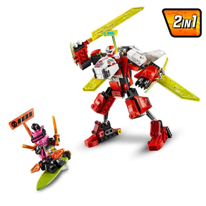 LEGO NINJAGO Kai's Mech Jet 2in1 Set 71707 featuring Digi Kai's mech vs. Richie in colorful action scene.