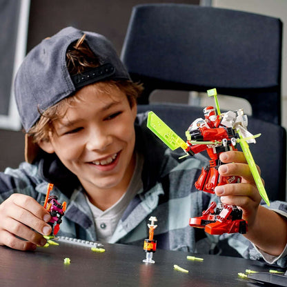 Child building LEGO NINJAGO Kai's Mech Jet set 71707, showcasing creativity and play with colorful mech and jet designs.