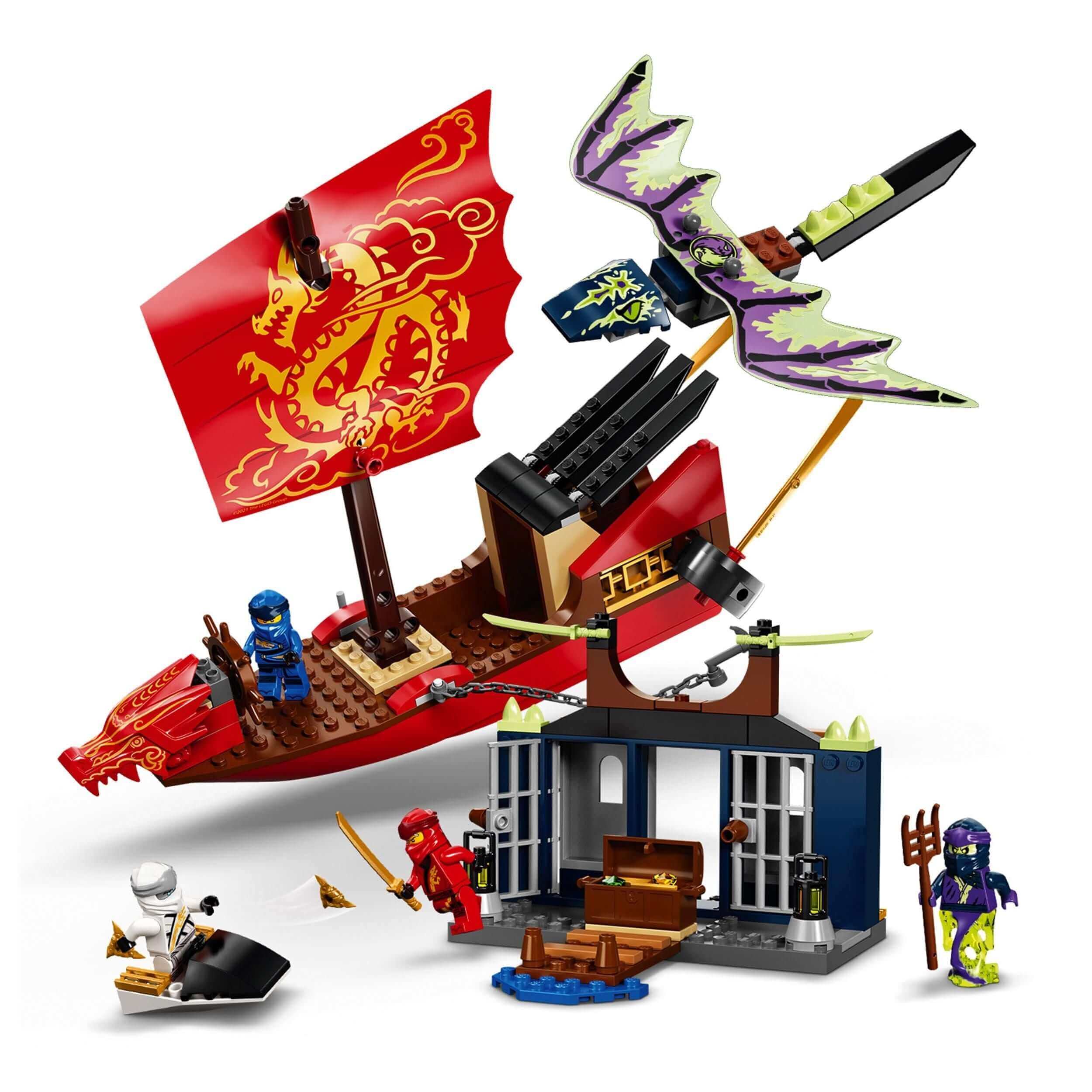 LEGO NINJAGO Destiny’s Bounty ship set 71749 with dragon, jet ski, prison, and 4 minifigures for kids
