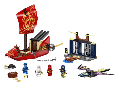 LEGO® NINJAGO Legacy Destiny’s Bounty Ship Set 71749 with dragon, jet ski, island, prison, and 4 minifigures.