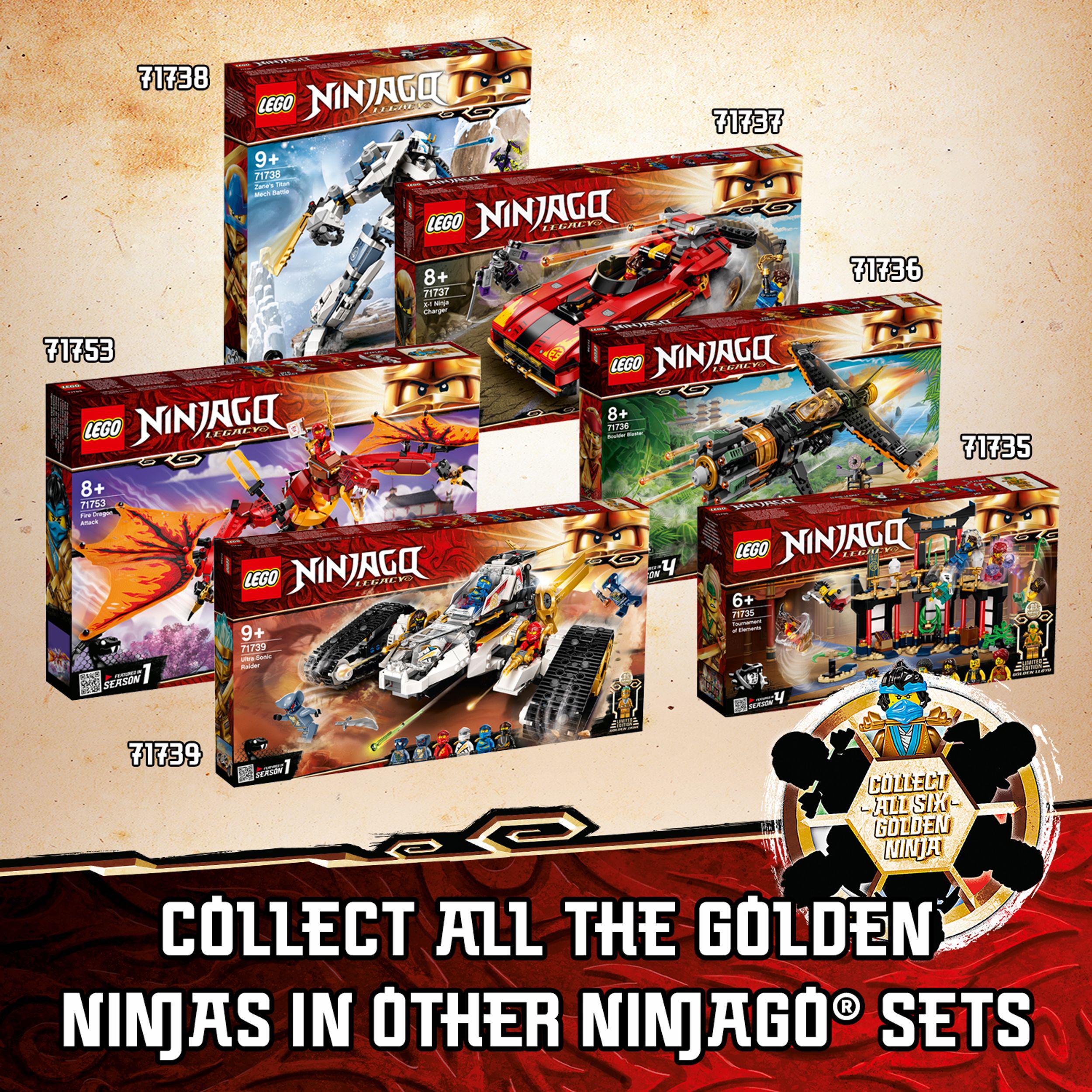 LEGO NINJAGO sets including Fire Dragon Attack 71753, showcasing various collectible golden ninjas.