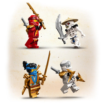 LEGO NINJAGO Legacy minifigures featuring red ninja, white skeleton, blue warrior, and gray ninja with weapons.