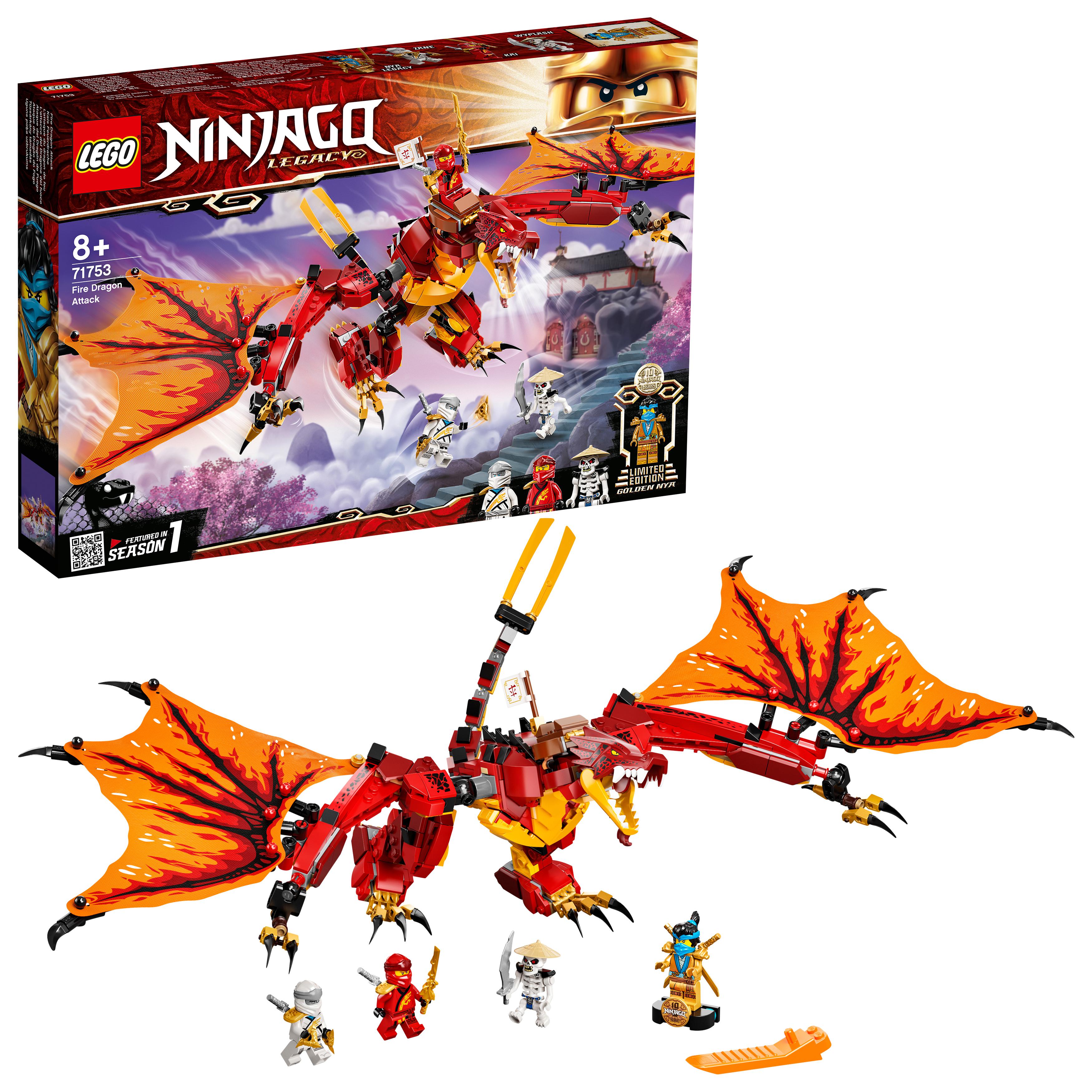 LEGO NINJAGO Legacy Fire Dragon Attack Toy 71753 with posable dragon and minifigures for hours of playtime fun.