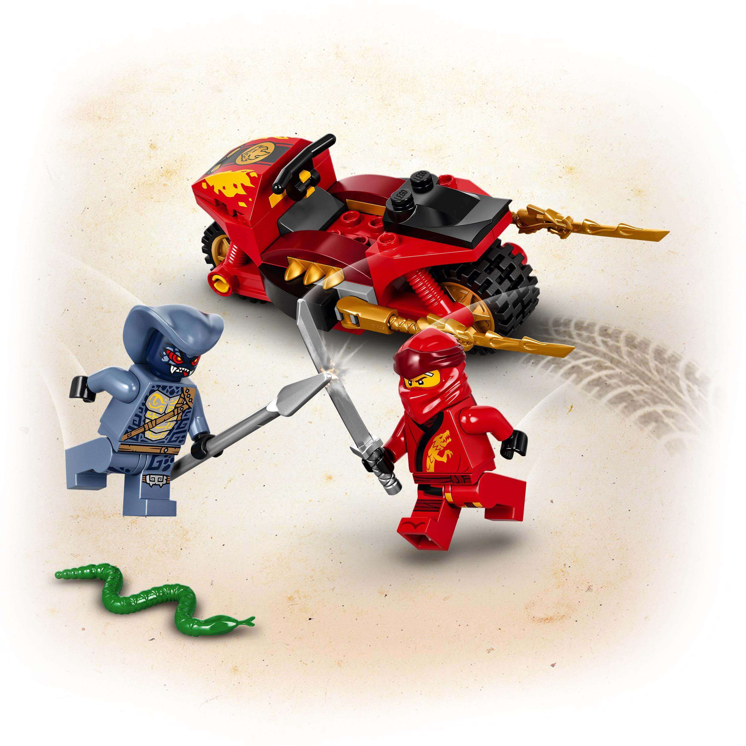 LEGO NINJAGO Kai's Blade Cycle set with motorcycle, ninja minifigures, and accessories for imaginative play.