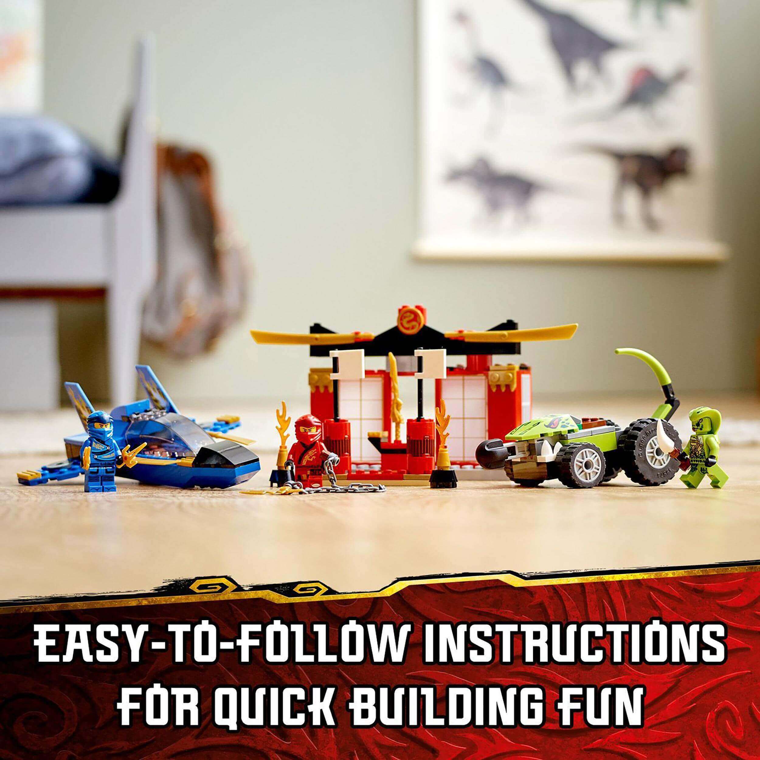 LEGO NINJAGO Storm Fighter Battle set with Kai, Jay, and Lasha, showcasing easy-to-follow building instructions.