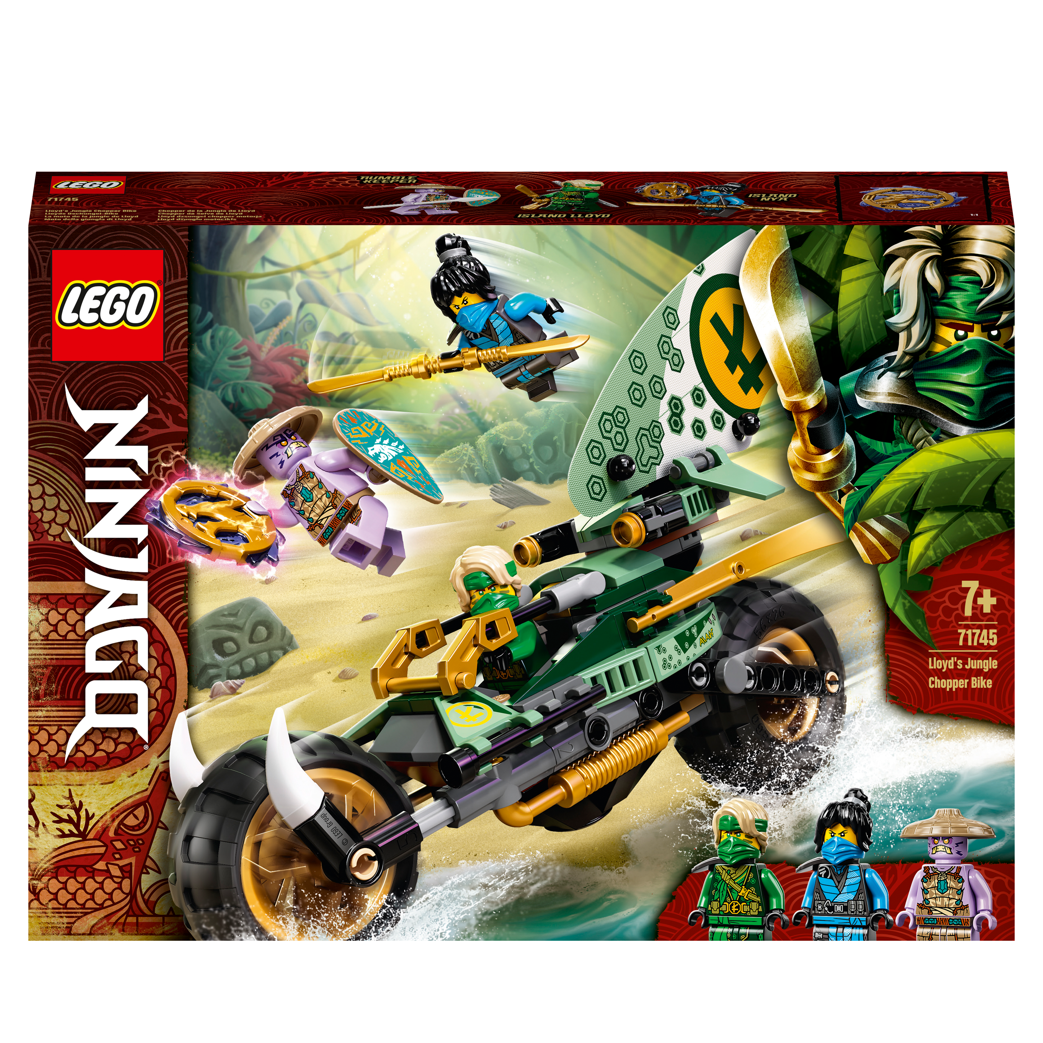 LEGO® NINJAGO Lloyd’s Jungle Chopper Bike Toy 71745 packaging featuring ninja bike and surfboard toys.