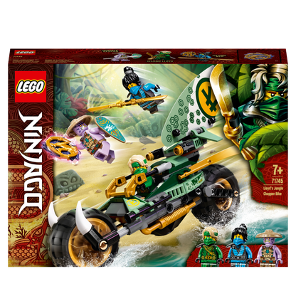 LEGO® NINJAGO Lloyd’s Jungle Chopper Bike Toy 71745 packaging featuring ninja bike and surfboard toys.