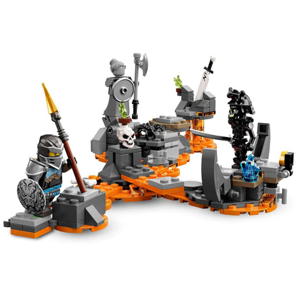 LEGO NINJAGO Skull Sorcerer's Dragon 2in1 toy set featuring epic battle scene with Hero Kai, Hero Jay, and Skull Sorcerer.