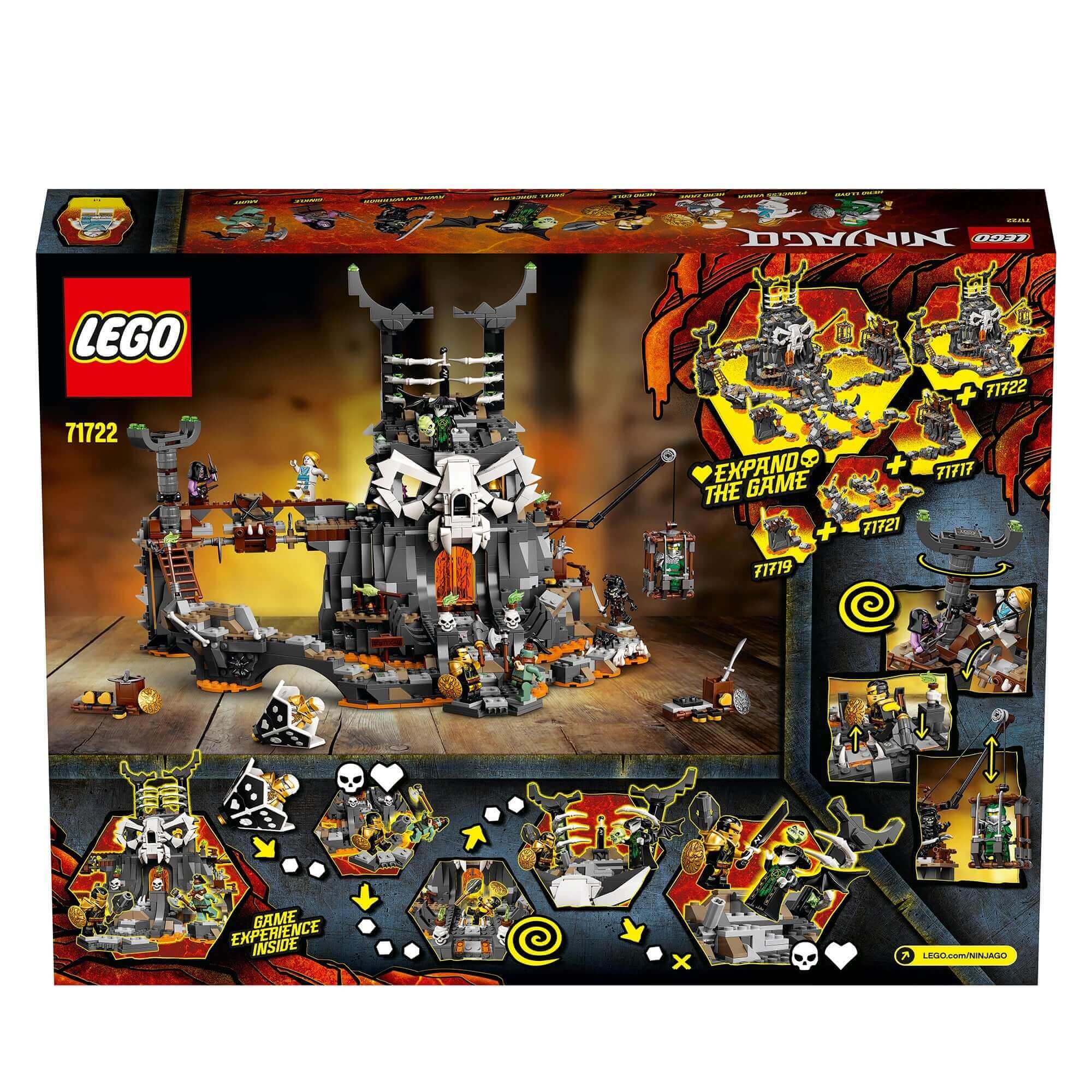 LEGO NINJAGO Skull Sorcerer's Dungeons 2in1 Set 71722 showcasing detailed interactive toy design and minifigures.