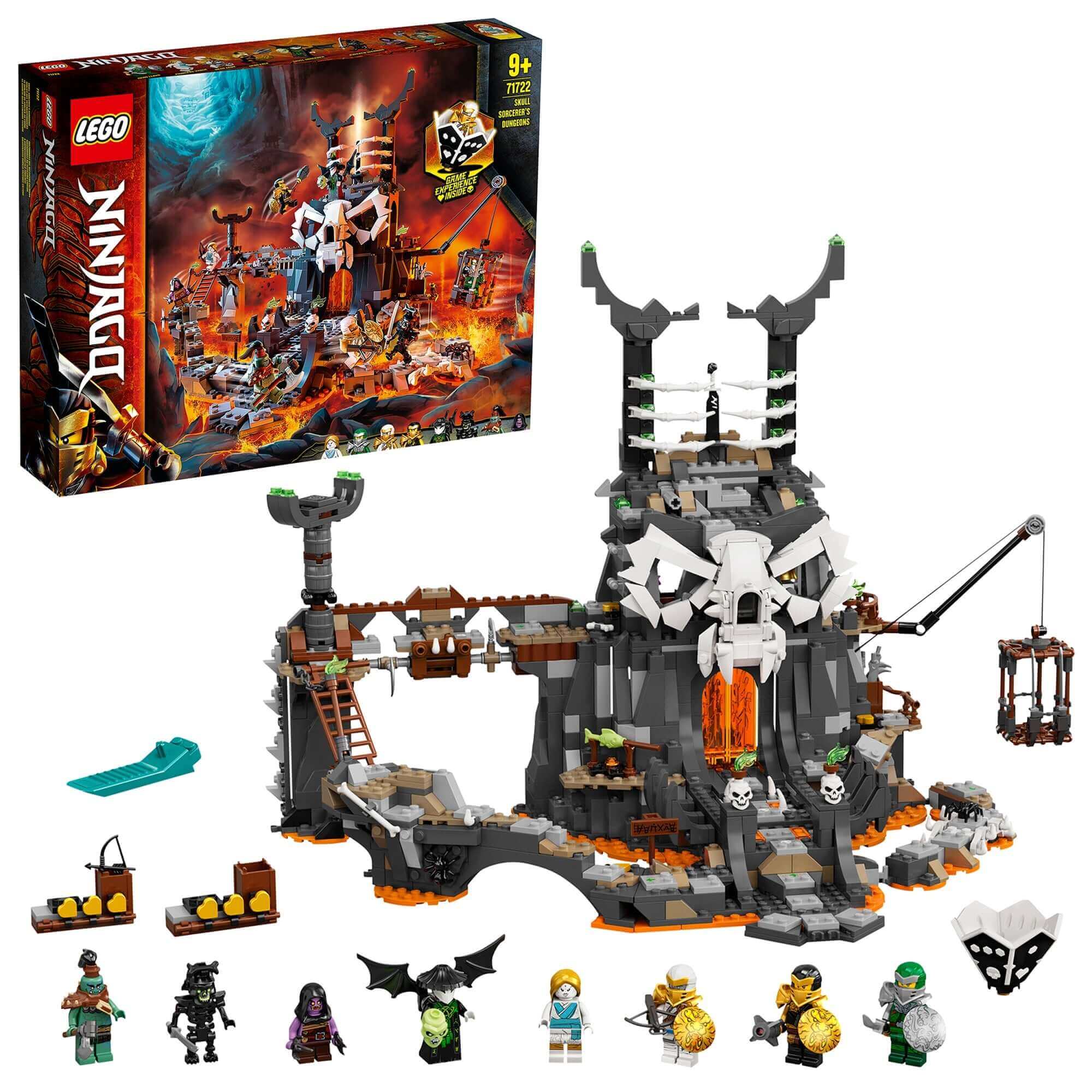 LEGO NINJAGO Skull Sorcerer's Dungeons Set 71722 with interactive toy dungeons and 8 minifigures for epic battles.