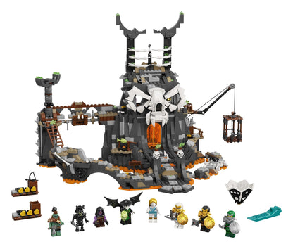 LEGO NINJAGO Skull Sorcerer's Dungeons set 71722 with detailed structures and 8 minifigures for interactive play.