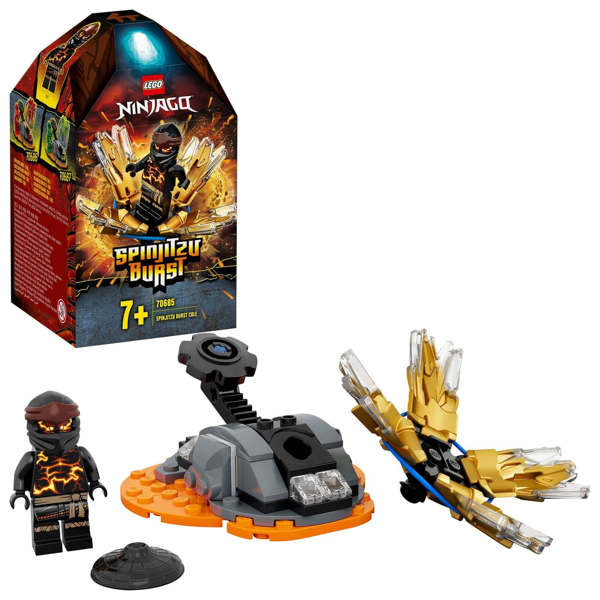 LEGO NINJAGO Spinjitzu Burst Cole Spinner Toy 70685 with spinner and character for kids aged 7 and up.