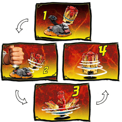 Step-by-step guide for LEGO® NINJAGO Spinjitzu Burst Kai Spinner Toy 70686 showing action sequences.