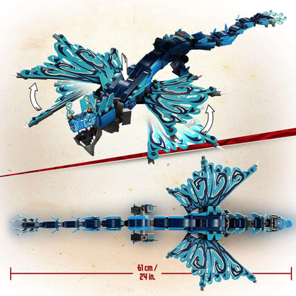 LEGO NINJAGO Water Dragon Toy Building Set 71754 showcasing a posable blue dragon with intricate wing design.