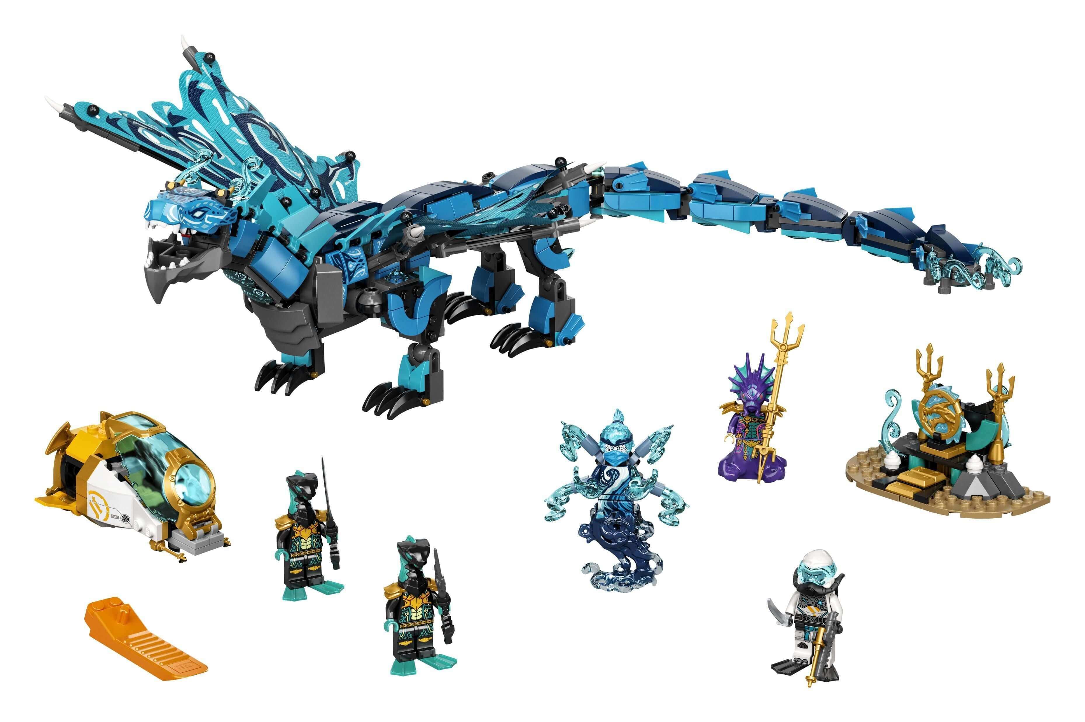 LEGO® NINJAGO Water Dragon toy building set 71754 with dragon, submarine, and 5 minifigures.