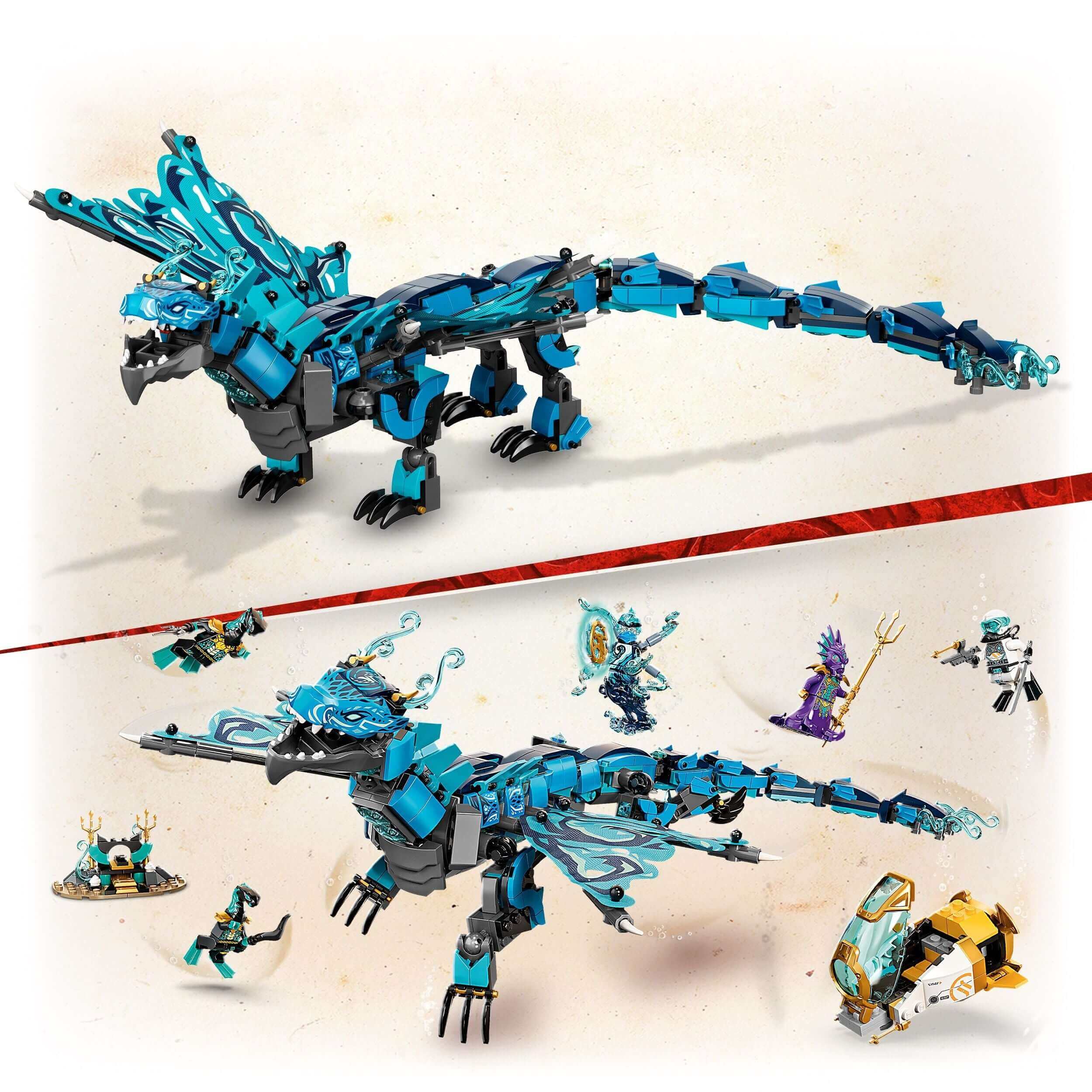LEGO NINJAGO Water Dragon Toy Building Set 71754 with posable dragon and minifigures for underwater adventures.