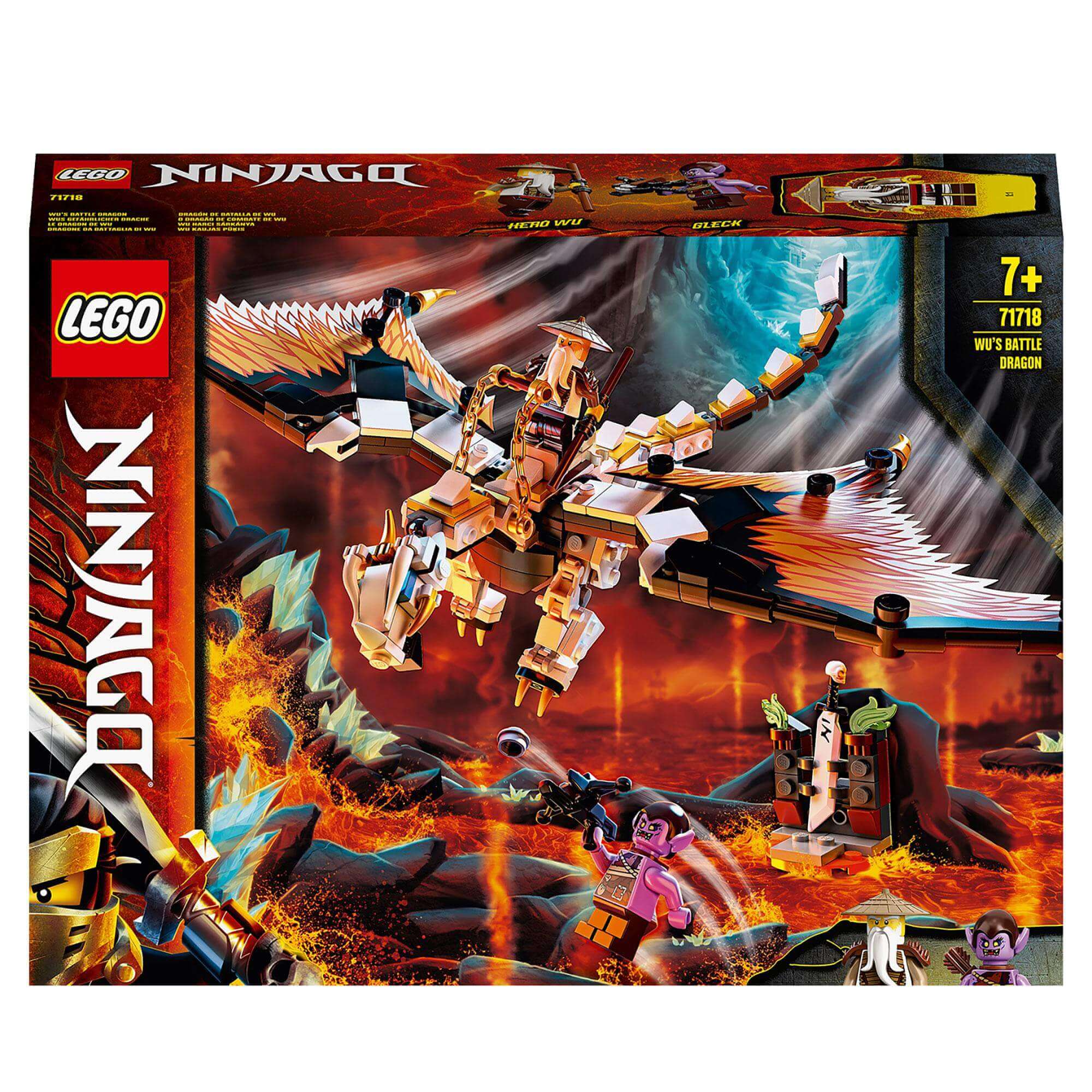 LEGO NINJAGO Wu's Battle Dragon Toy 71718 for thrilling battles between Hero Wu and Gleck in Shintaro Dungeons.