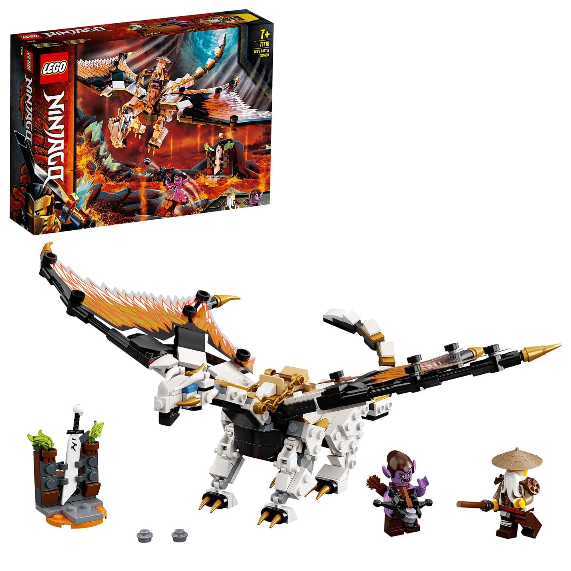 LEGO NINJAGO Wu's Battle Dragon Toy 71718 showcasing Wu, Gleck, and a detailed dragon model for thrilling battles.