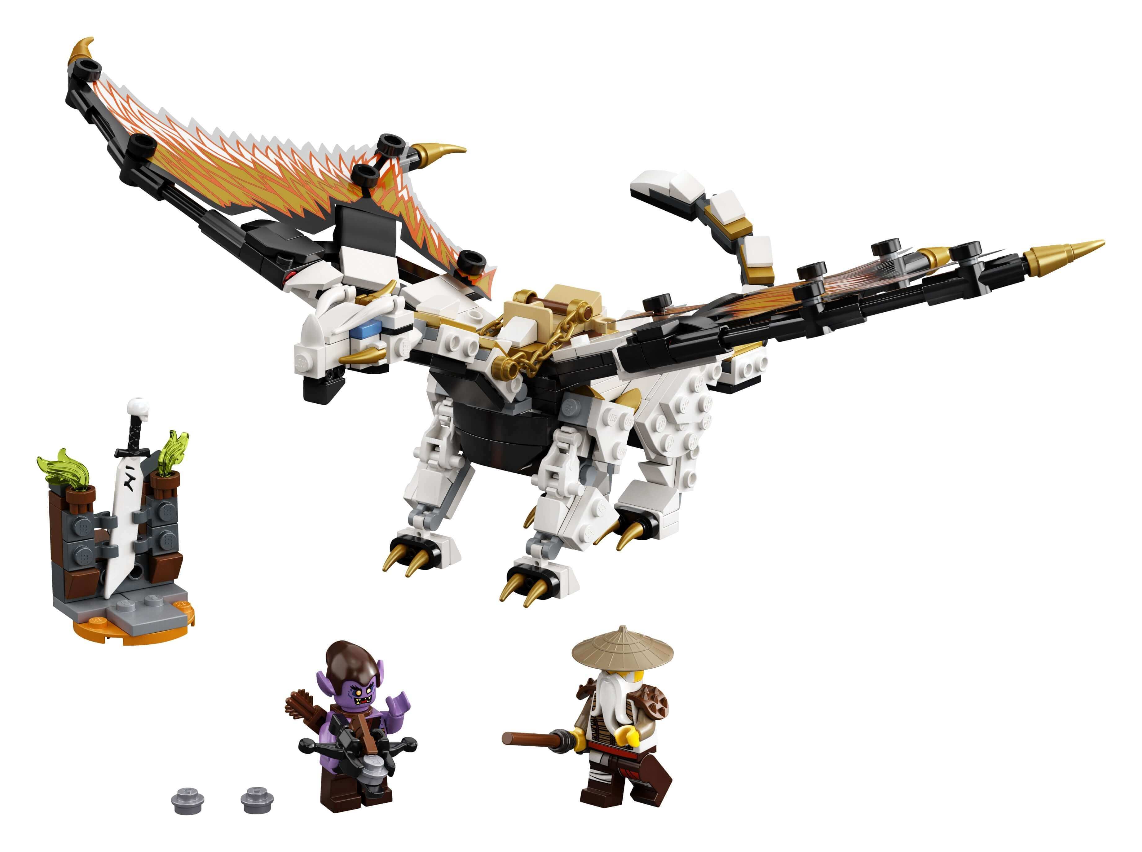 LEGO NINJAGO Wu's Battle Dragon Toy 71718 featuring Hero Wu, Gleck, and a detailed dragon model.