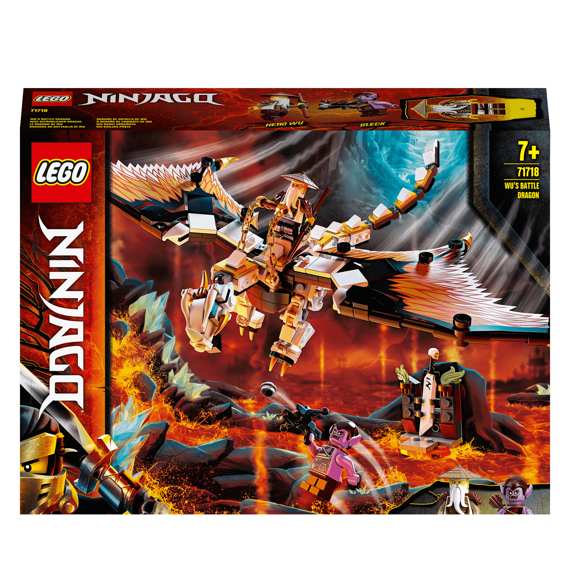 LEGO NINJAGO Wu's Battle Dragon Toy 71718 featuring Hero Wu, dragon, and Gleck in action-packed scene.