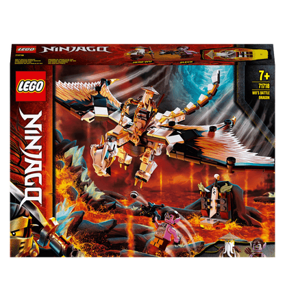 LEGO NINJAGO Wu's Battle Dragon Toy 71718 featuring Hero Wu, dragon, and Gleck in action-packed scene.