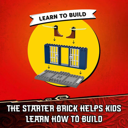 LEGO NINJAGO instructional graphic featuring starter brick, boots, and building techniques for kids.