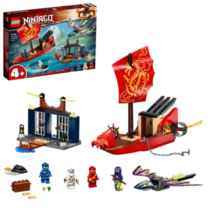 LEGO® NINJAGO Legacy Destiny’s Bounty Ship Set 71749 with minifigures, dragon toy, and island prison for kids.