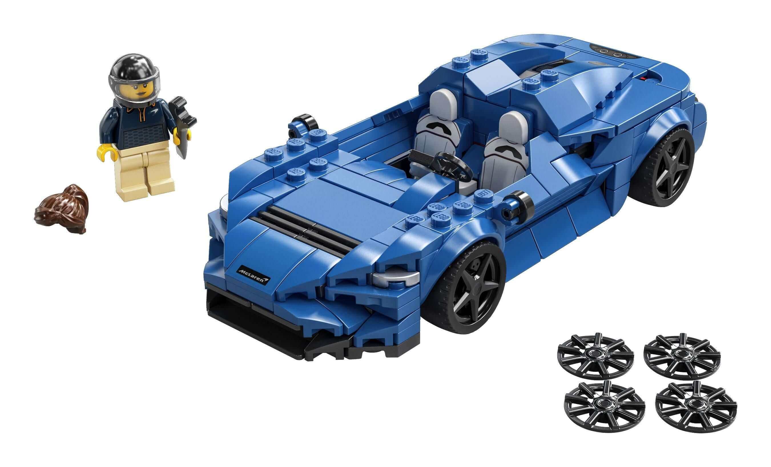 LEGO Speed Champions McLaren Elva race car toy 76902 with minifigure and extra wheels, perfect for play and display.