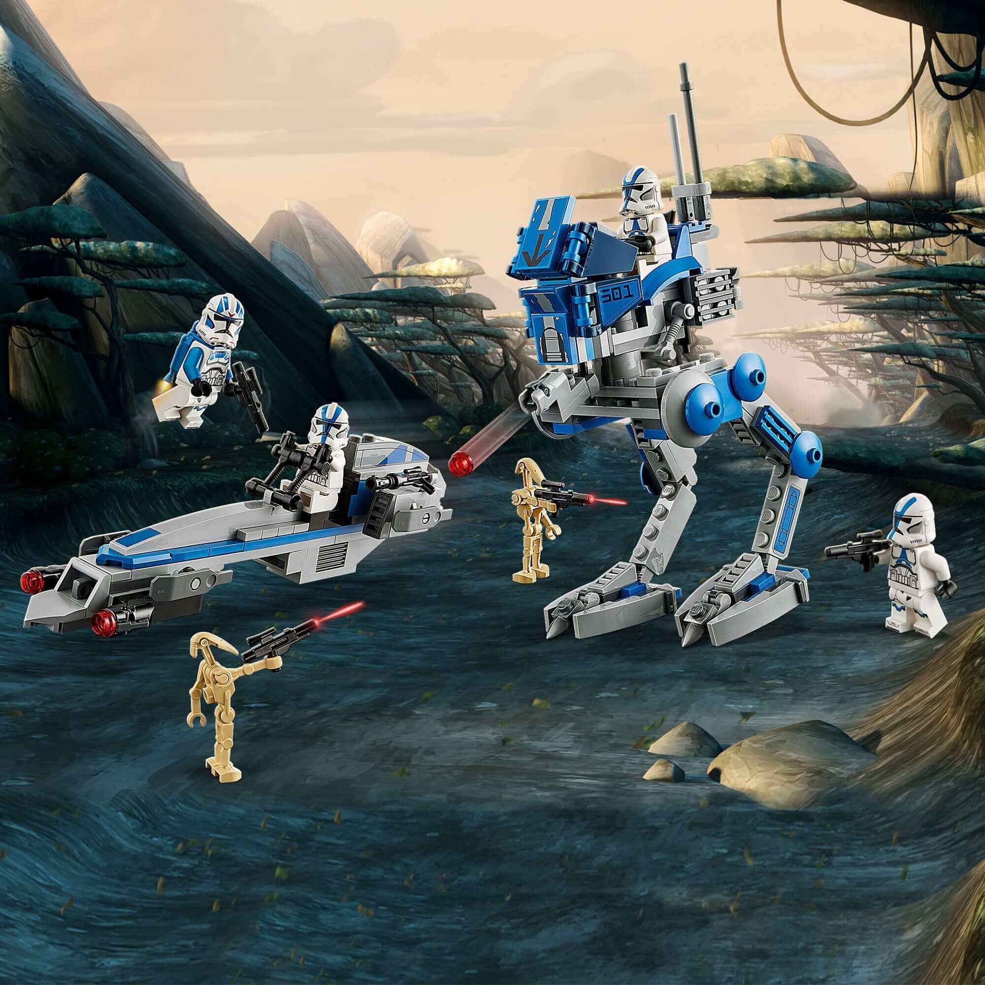 LEGO Star Wars 501st Legion Clone Troopers set featuring AR-RT Walker, BARC Speeder, and battle droids in action.