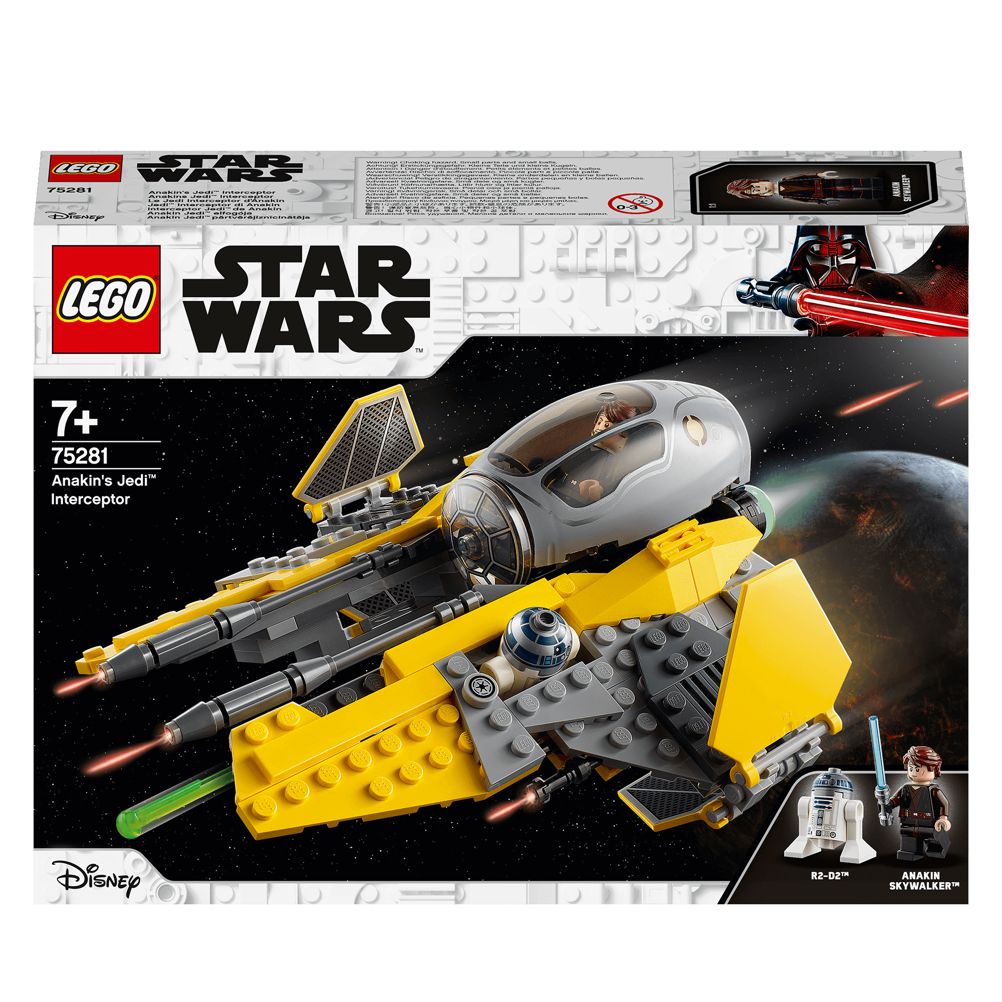 LEGO Star Wars Anakin's Jedi Interceptor 75281 box set with model and minifigures of Anakin and R2-D2.