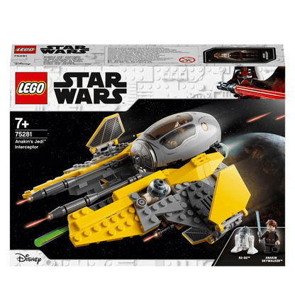 LEGO Star Wars Anakin's Jedi Interceptor 75281 box set with model and minifigures of Anakin and R2-D2.
