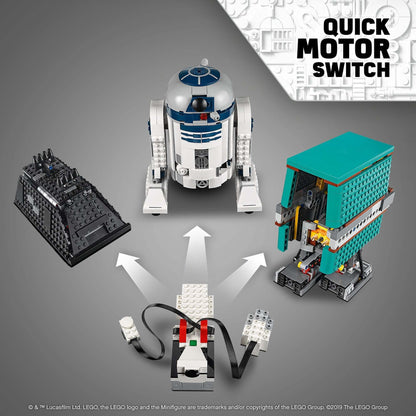 LEGO Star Wars BOOST Droid Commander set featuring R2-D2, Gonk Droid, and Mouse Droid with quick motor switch.
