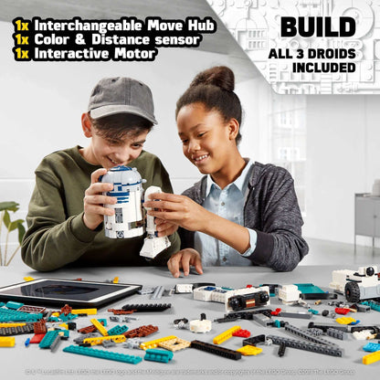Kids building LEGO Star Wars BOOST Droid Commander with R2-D2 and tools, showcasing creative coding fun.