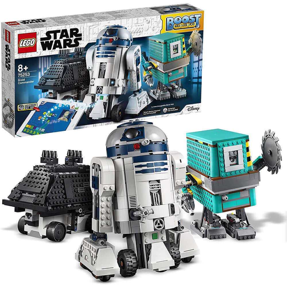 LEGO Star Wars BOOST Droid Commander 75253 featuring R2-D2, Gonk Droid, and Mouse Droid with colorful packaging.