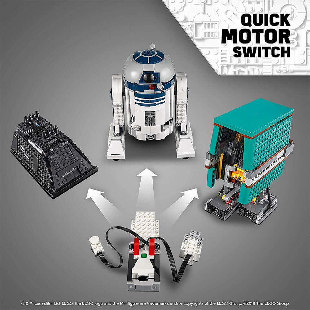 LEGO Star Wars BOOST Droid Commander set featuring R2-D2, Gonk Droid, and Mouse Droid with quick motor switch.