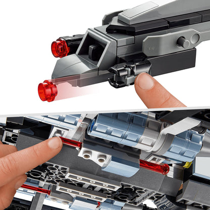 Close-up of LEGO® Star Wars Attack Shuttle 75314 features, highlighting adjustable parts and detailed design elements.