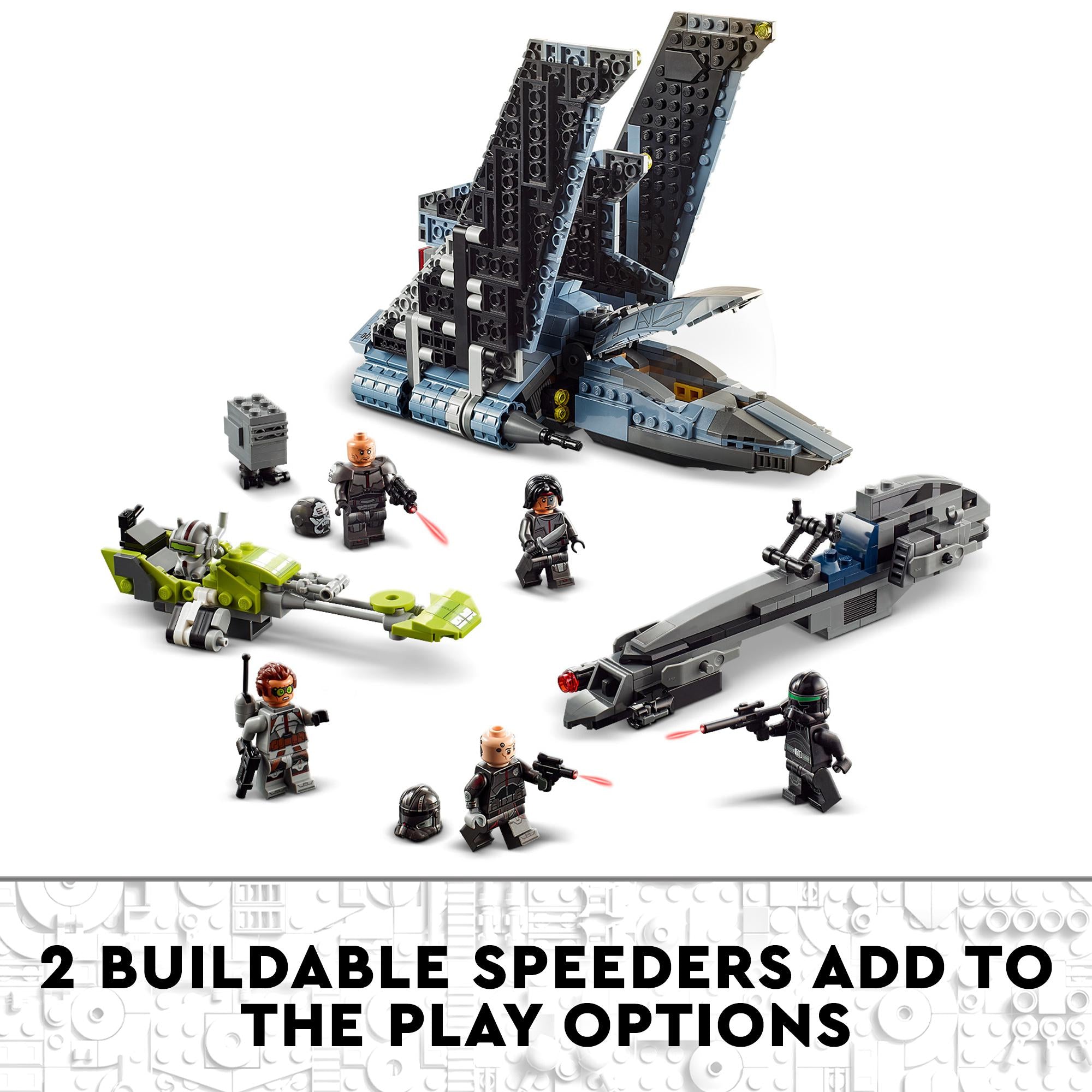 LEGO Star Wars Bad Batch Attack Shuttle with buildable speeders and clone characters for imaginative play.