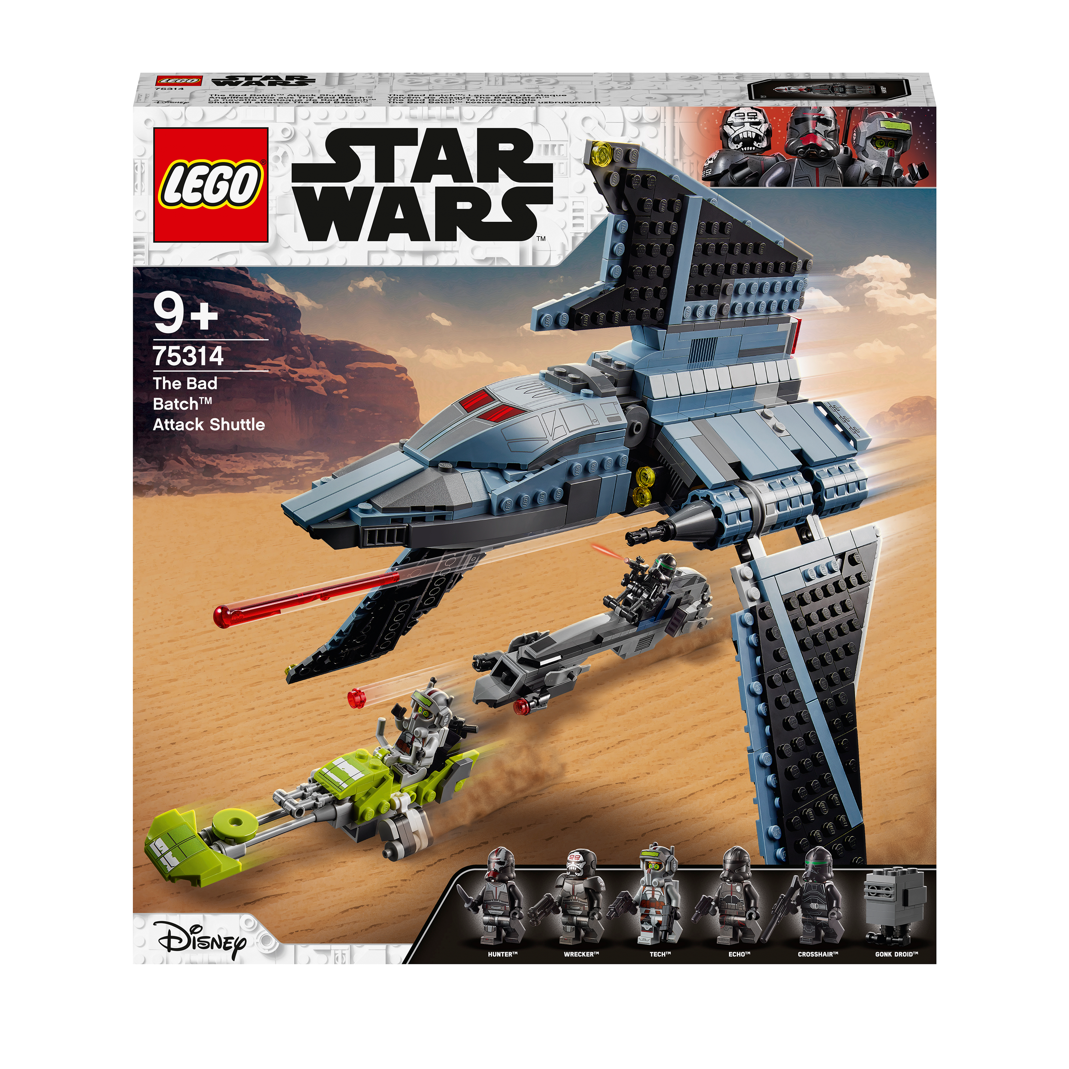 LEGO Star Wars The Bad Batch Attack Shuttle 75314 box featuring shuttle, vehicles, and clone minifigures on desert backdrop.